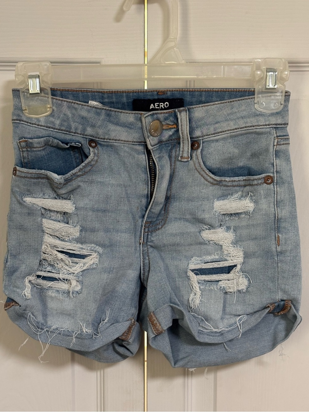 AERO Light Wash Distressed Denim Shorts
